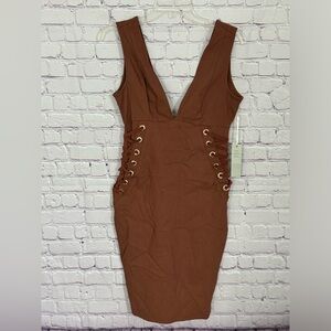 Iris Brown Bodycon Plunge Dress Cocktail